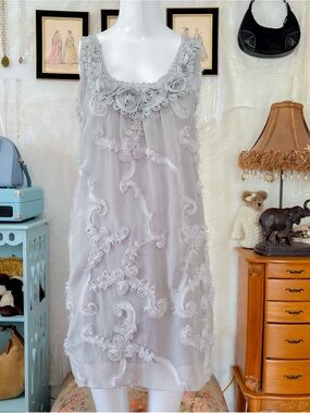 Fairy whimsigoth boho romantic girly rosette appliqué silk blend grey dress